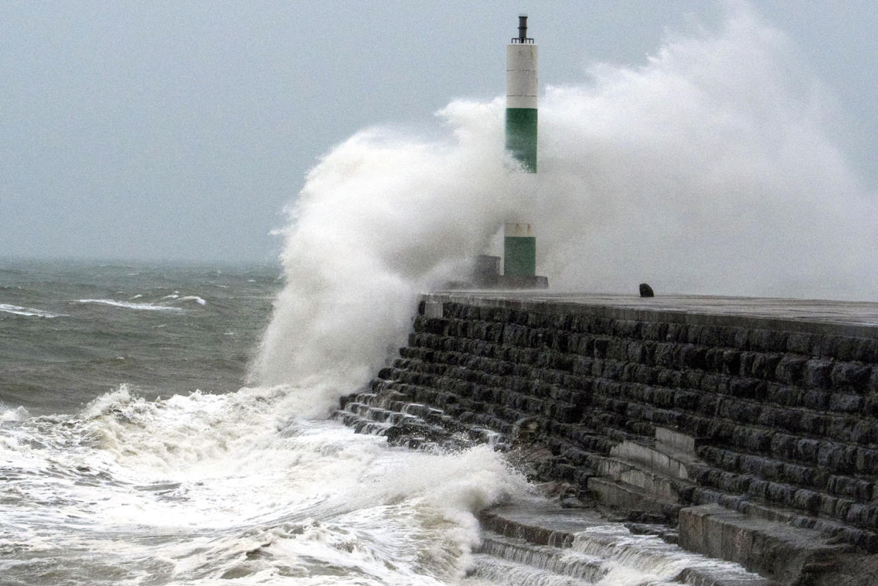 Huge waves crashing into the sea defences in Aberystwyth, Wales earlier in the year