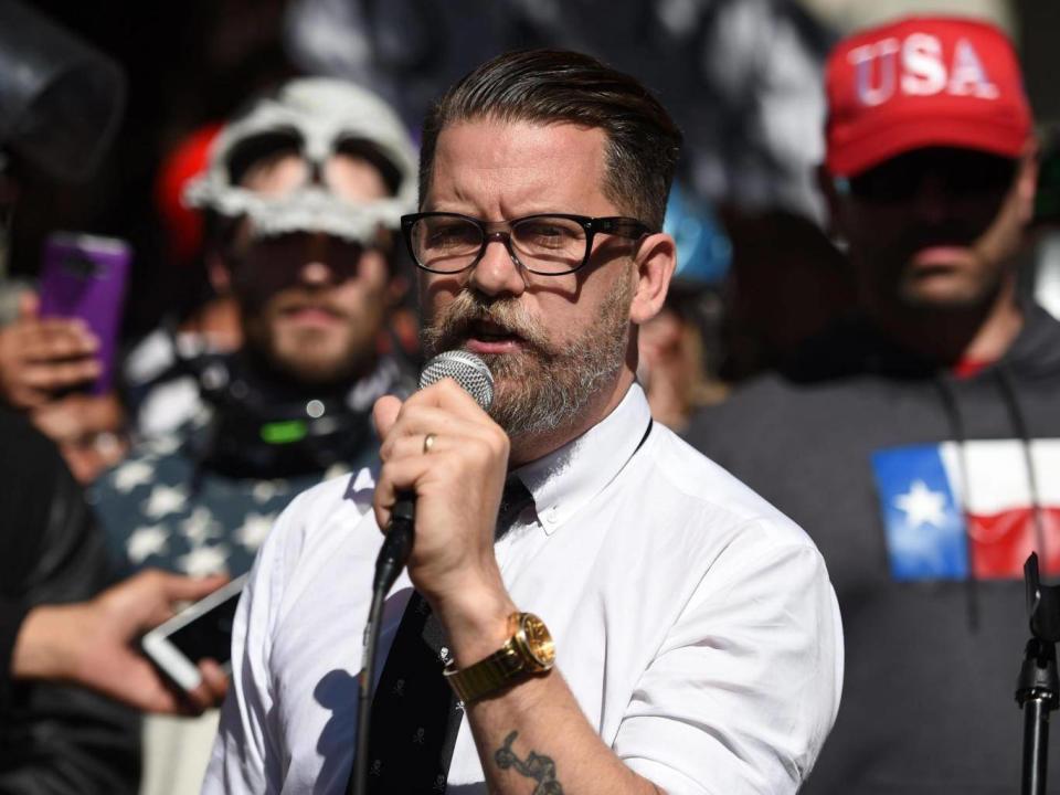 Gavin McInnes addresses a crowd during a conservative rally in Berkeley, California, in April 2017 (Josh Edelson/AFP/Getty)