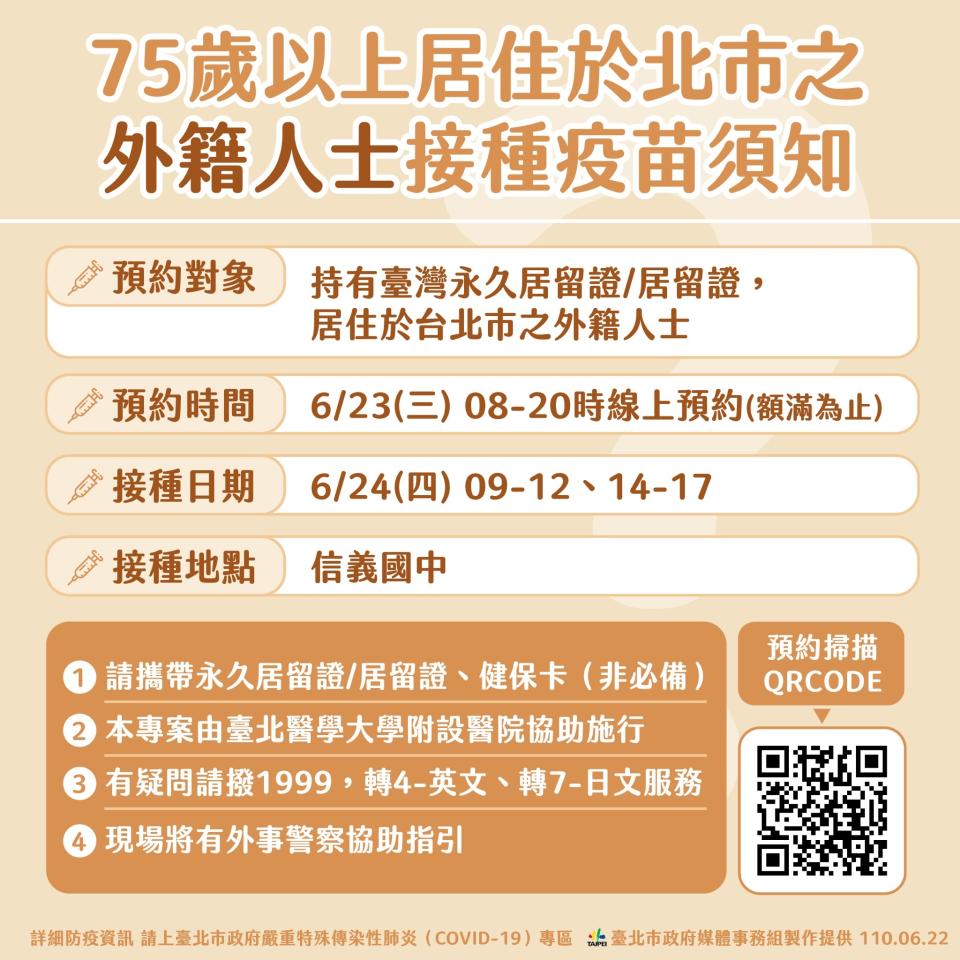 居住在臺北市75歲以上持有居留證外籍長者接種可於6月24日接種新冠疫苗