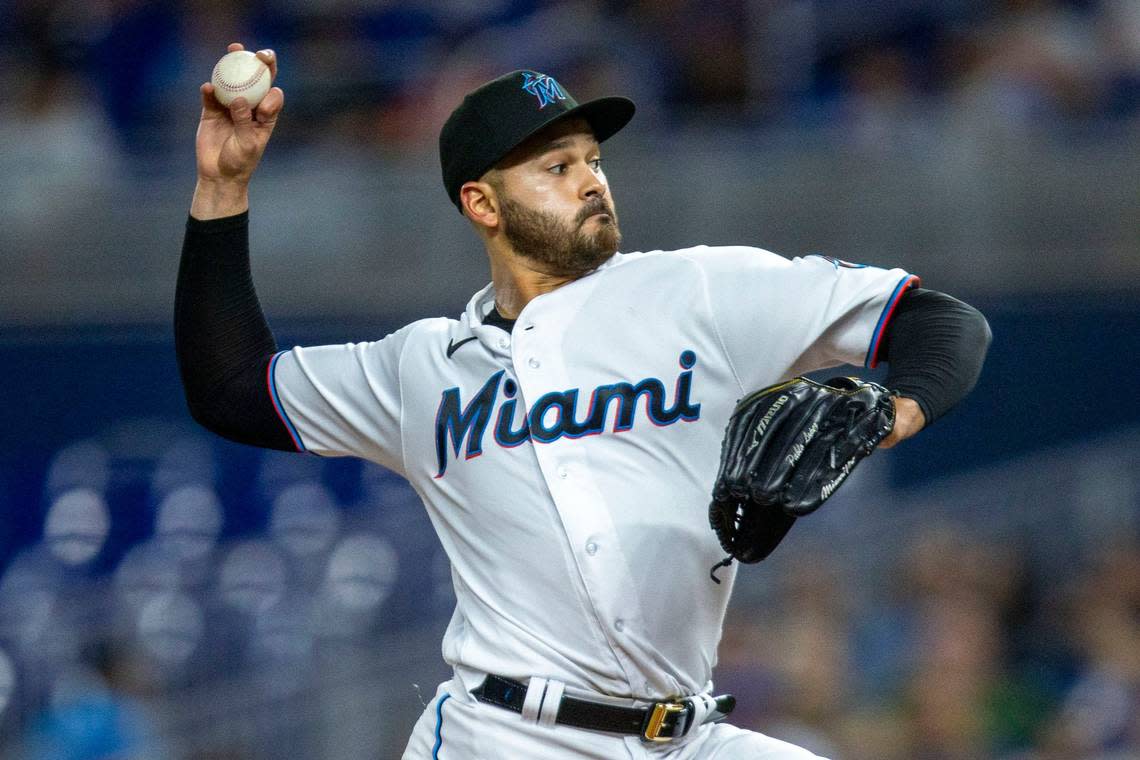 Miami Marlins pitcher Pablo Lopez (49) throws the ball during the third inning of an MLB game against the Chicago Cubs at loanDepot park in the Little Havana neighborhood of Miami, Florida, on Tuesday, September 20, 2022.