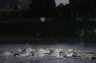 Swimmers compete in the women's marathon swimming event at the 2020 Summer Olympics, Wednesday, Aug. 4, 2021, in Tokyo, Japan. (AP Photo/Jae C. Hong)