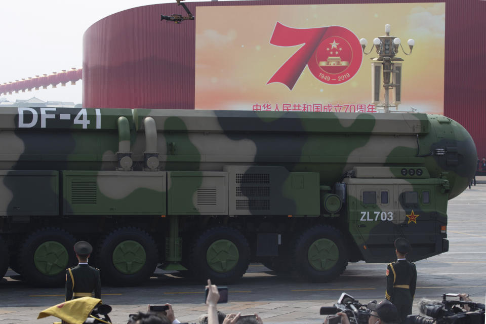 The Dong Feng 41 rolls past during a parade for the 70th anniversary of the founding of the People's Republic of China in Beijing on Tuesday, Oct. 1, 2019. Dong Feng 41, or DF-41, is an intercontinental ballistic missile with a range of 15,000 kilometers (9,300 miles) _ China's longest-range weapon _ that could reach the United States in 30 minutes. (AP Photo/Ng Han Guan)