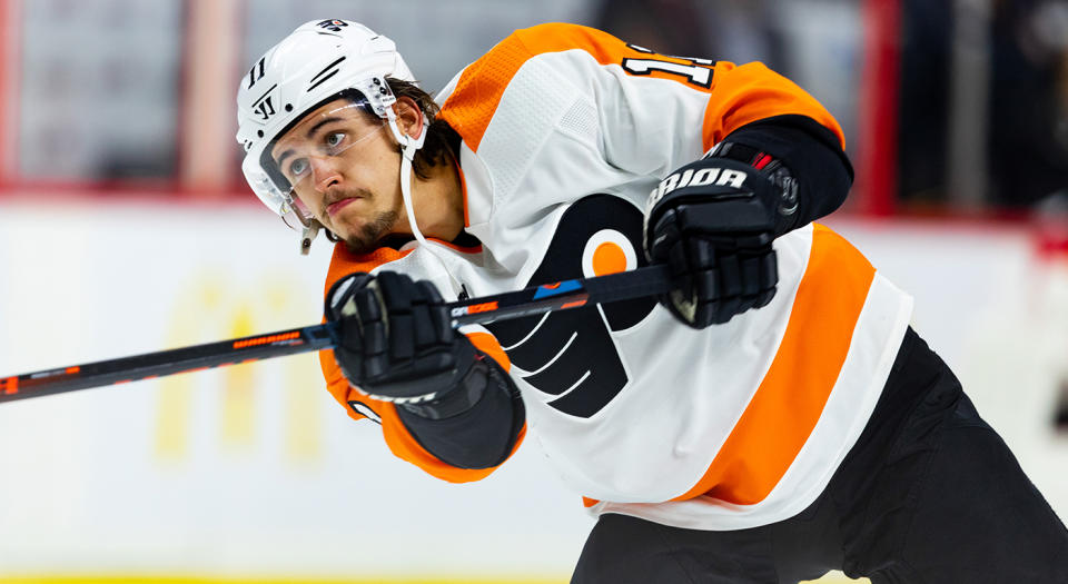 OTTAWA, ON - NOVEMBER 15: Philadelphia Flyers Right Wing Travis Konecny (11) follows through on a shot during warm-up before National Hockey League action between the Philadelphia Flyers and Ottawa Senators on November 15, 2019, at Canadian Tire Centre in Ottawa, ON, Canada. (Photo by Richard A. Whittaker/Icon Sportswire via Getty Images) 