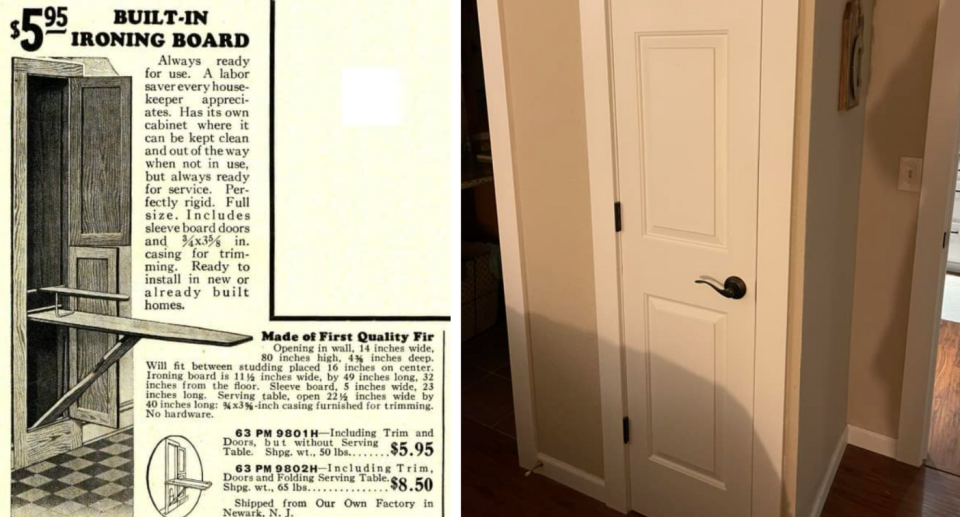 Built in ironing board shown in newspaper illustration (left) and a narrow door (right).