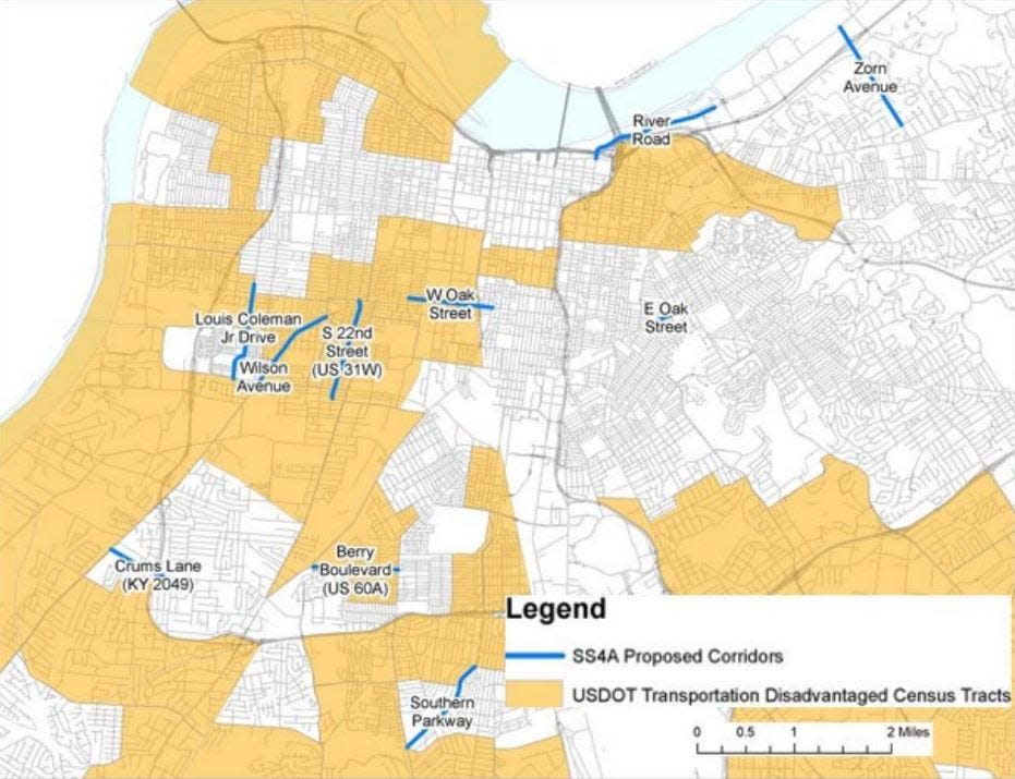 A map that shows 10 roads in Louisville in line for improvements following a $21.4 million federal investment. Feb. 1, 2023