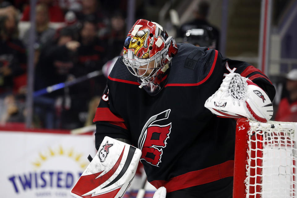 Carolina Hurricanes goaltender Antti Raanta (32) reacts following a goal by New York Rangers' Adam Fox during the first period of Game 7 of an NHL hockey Stanley Cup second-round playoff series in Raleigh, N.C., Monday, May 30, 2022. (AP Photo/Karl B DeBlaker)