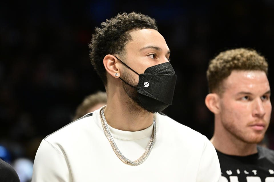 NEW YORK, NEW YORK - FEBRUARY 14:  Ben Simmons of the Brooklyn Nets looks on from the bench against the Sacramento Kings at Barclays Center on February 14, 2022 in New York City. NOTE TO USER: User expressly acknowledges and agrees that, by downloading and or using this photograph, User is consenting to the terms and conditions of the Getty Images License Agreement.  (Photo by Steven Ryan/Getty Images)