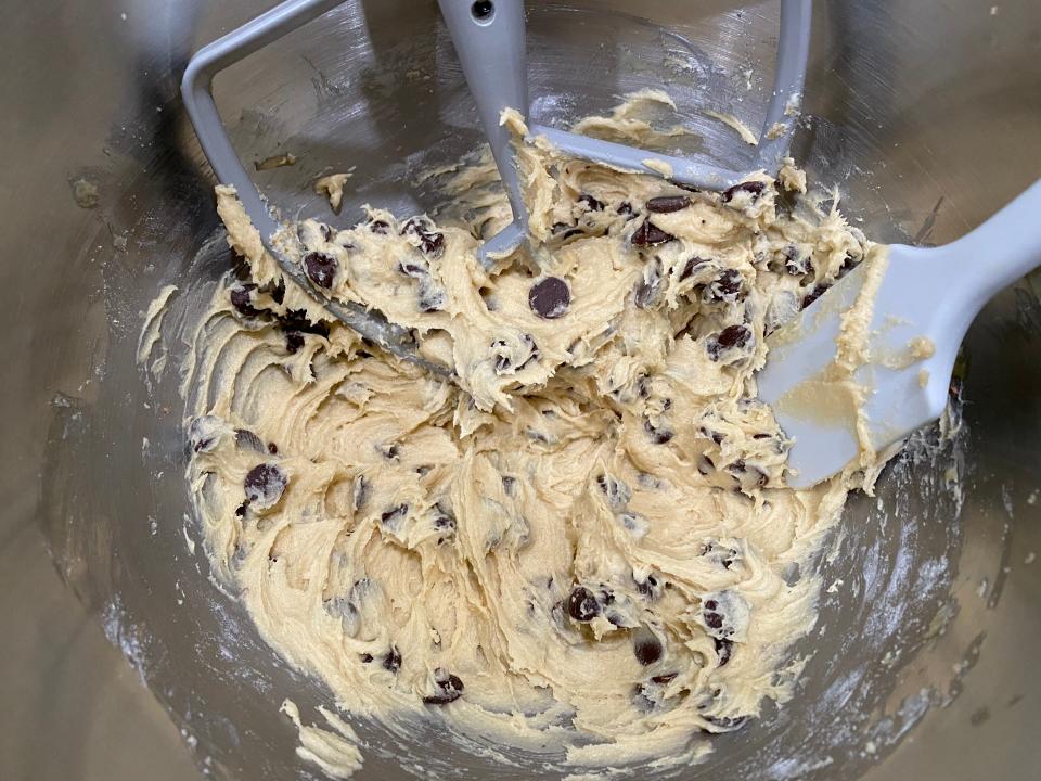 cream cheese cookie dough in a stand mixer