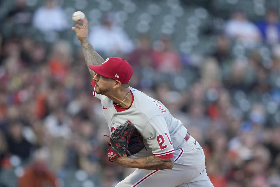 Philadelphia Phillies starting pitcher Vince Velasquez hrows to a San Francisco Giants during the first inning of a baseball game Friday, June 18, 2021, in San Francisco. (AP Photo/Tony Avelar)