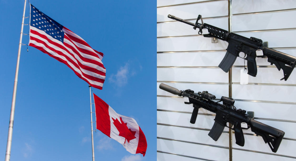 (left) U.S. and Canadian flags. (right) two AR-15s mounted on a wall