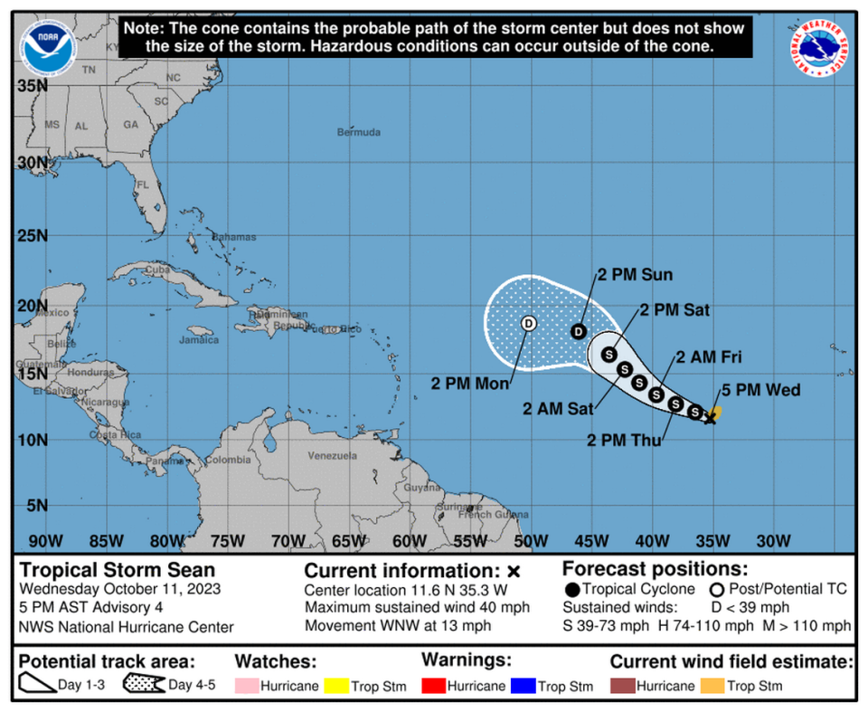 Tropical Storm Sean conical map 8 p.m. Oct. 11, 2023. NHC