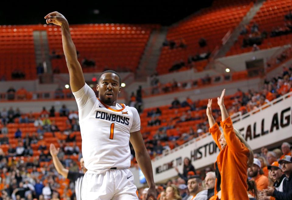 Oklahoma State's Bryce Thompson (1) reacts after a 3-point basket during a 65-51 win against Sam Houston on Tuesday at Gallagher-Iba Arena in Stillwater.