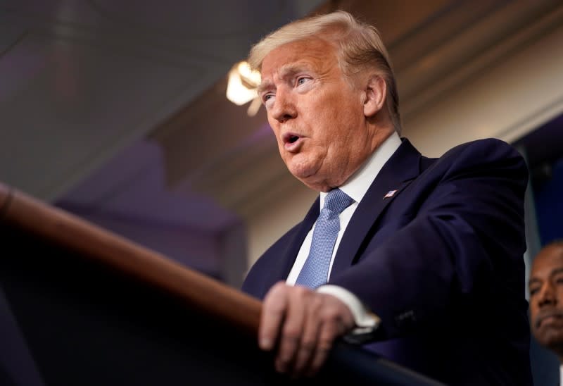 U.S. President Trump speaks during a news briefing on coronavirus in Washington.