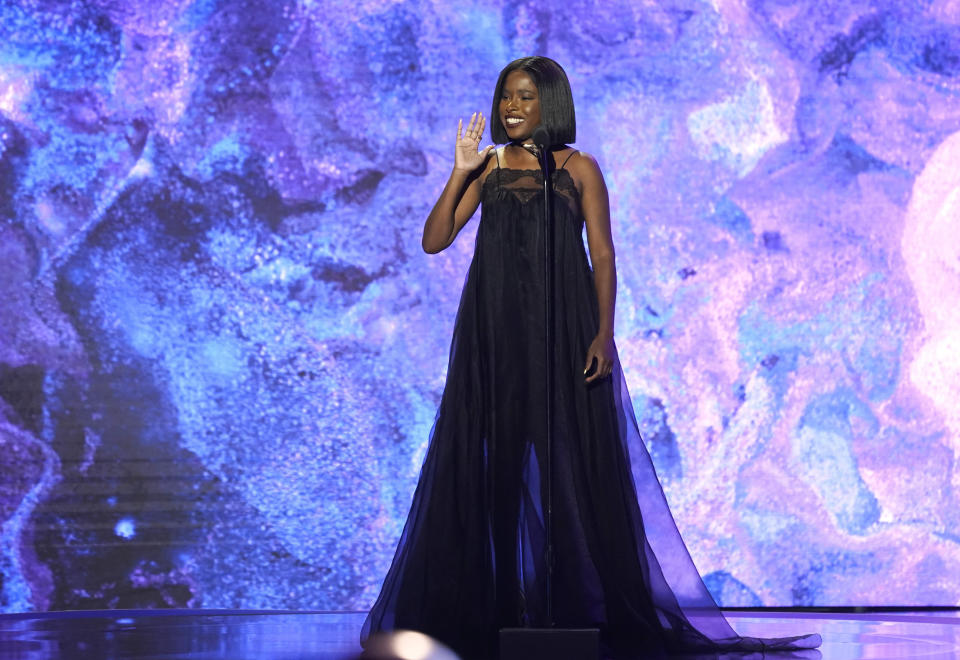 Amanda Gorman speaks on stage at the 65th annual Grammy Awards on Sunday, Feb. 5, 2023, in Los Angeles. (AP Photo/Chris Pizzello)