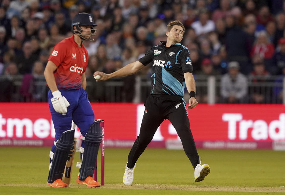 New Zealand's Tim Southee bowls , during the first IT20 cricket match between England and New Zealand, at the Seat Unique Riverside, in County Durham, England, Wednesday, Aug. 30, 2023. (Owen Humphreys/PA via AP)