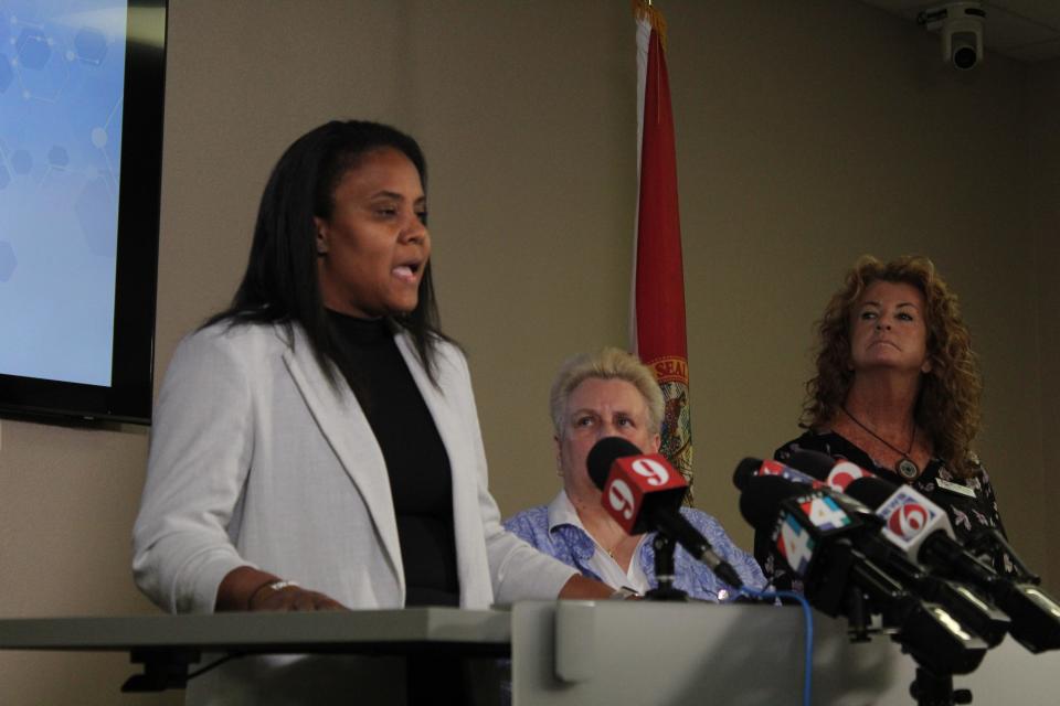 Flagler Schools Interim Superintendent LaShakia Moore addresses the community during a press conference Thursday, Aug. 24, 2023, where she announced a Bunnell Elementary principal and teacher were placed on paid administrative leave following an assembly that targeted Black students.