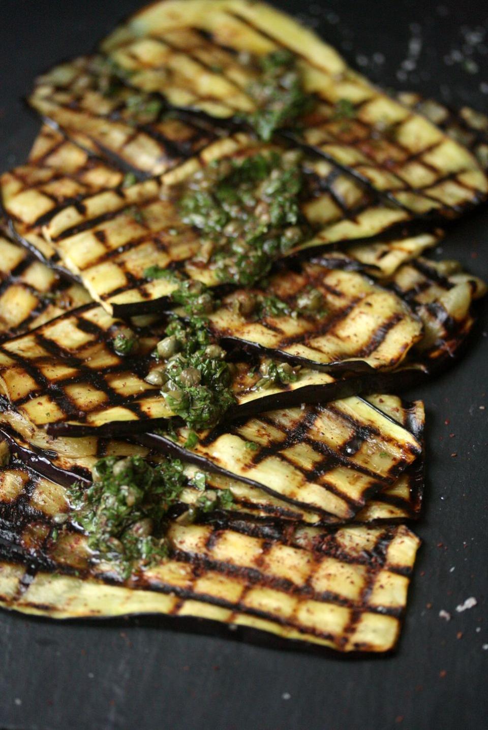 grilled eggplant with sumac, capers and mint