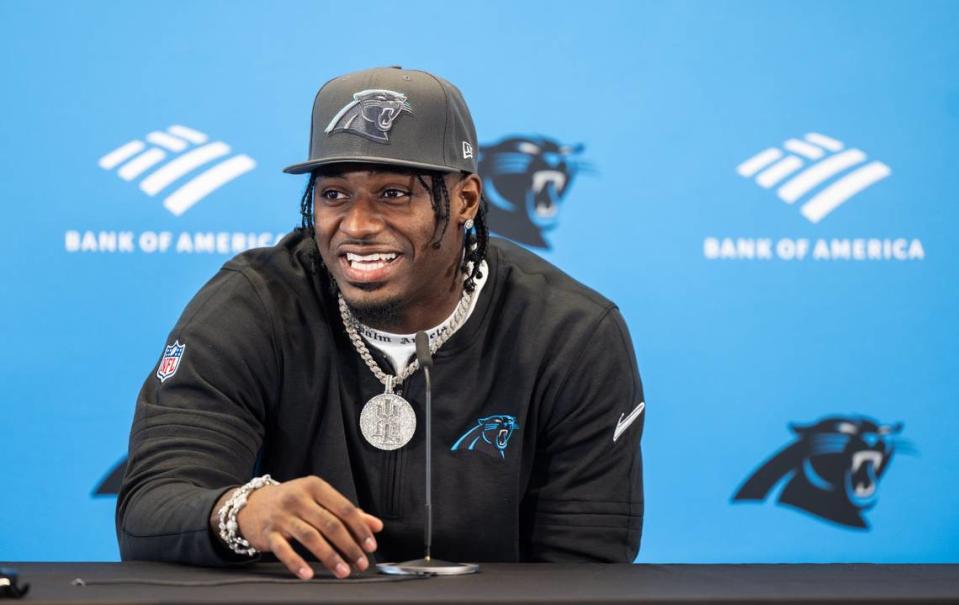 Carolina Panthers draft pick Xavier Legette speaks at the Bank of America Stadium in Charlotte, N.C., on Friday, April 26, 2024.