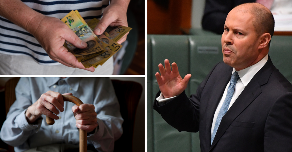 Hands holding Australian $50 notes, an old man holding a walking stick and Treasurer Josh Frydenberg.