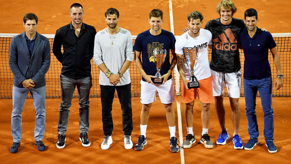 Dusan Lajovic, Viktor Troicki, Grigor Dimitrov, Filip Krajinovic, Dominic Thiem, Alexander Zverev and Novak Djokovic, pictured here at the Adria Tour in Serbia.