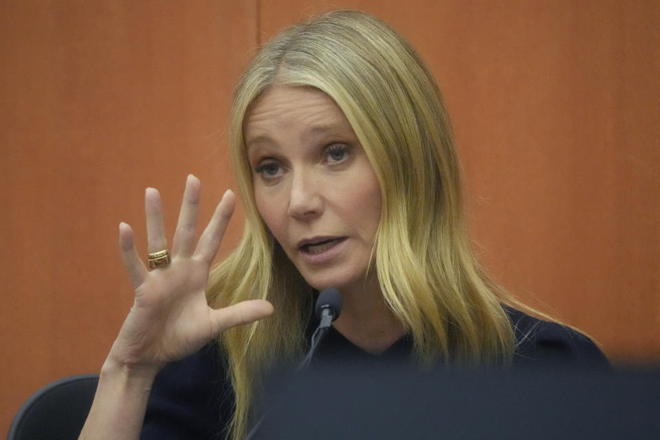 PARK CITY, UTAH - MARCH 24: Gwyneth Paltrow testifies during her trial on March 24, 2023, in Park City, Utah. Terry Sanderson is suing actress Gwyneth Paltrow for $300,000, claiming she recklessly crashed into him while the two were skiing on a beginner run at Deer Valley Resort in Park City, Utah in 2016. (Photo by Rick Bowmer-Pool/Getty Images)