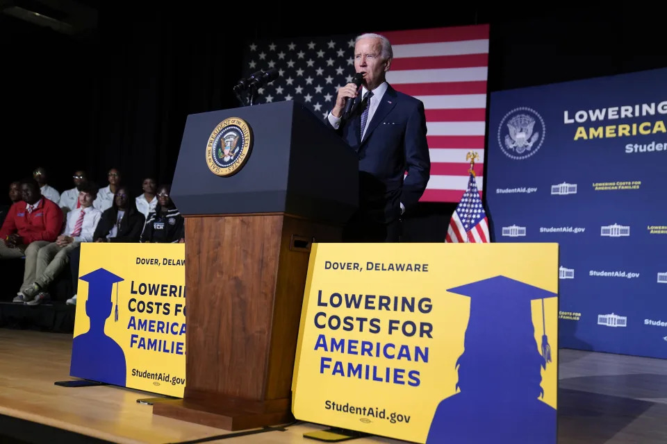 FILE - President Joe Biden speaks about student loan debt relief at Delaware State University, Friday, Oct. 21, 2022, in Dover, Del. The Supreme Court is about to hear arguments over President Joe Biden’s student debt relief plan. It's a plan that impacts millions of borrowers who could see their loans wiped away or reduced. (AP Photo/Evan Vucci, File)