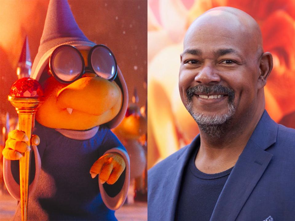 On the left: Kamek in "The Super Mario Bros. Movie." On the right: Kevin Michael Richardson at the LA premiere of "The Super Mario Bros. Movie."