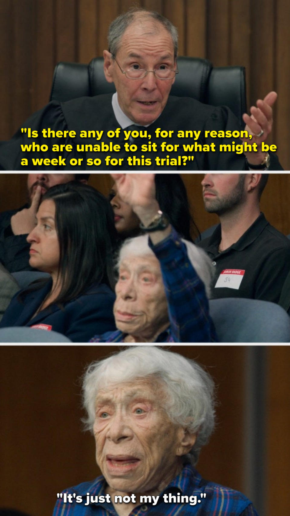 A woman tells Judge Rosen that jury duty is "not [her] thing"