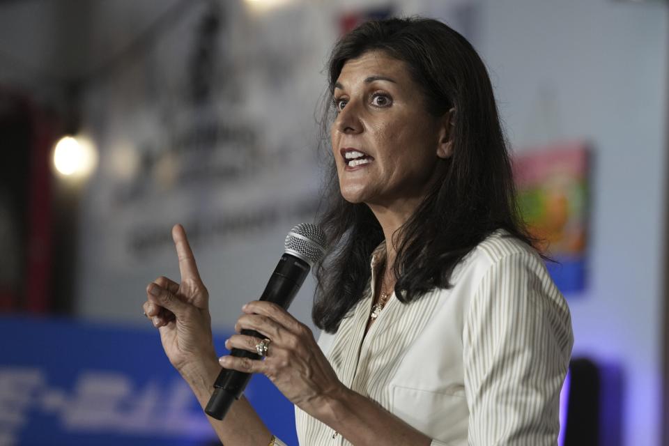 FILE - Republican presidential candidate former UN Ambassador Nikki Haley speaks at a campaign event, Sept. 7, 2023, in Boiling Springs, S.C. Haley is gaining attention in the GOP race with her calls for “consensus” around abortion, an unusual tone in a campaign where Republican White House hopefuls often prefer to highlight their eagerness to fight President Joe Biden and other Democrats. (AP Photo/Meg Kinnard, File)