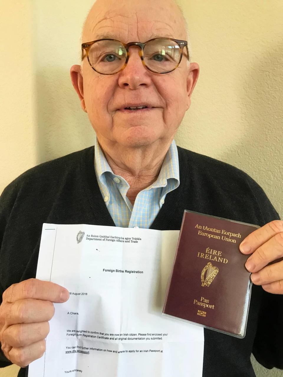 It took two years to achieve, but Mike Lyons of Cambria is a citizen of both the United States and Ireland. He’s holding his Irish citizenship paperwork and his passport.
