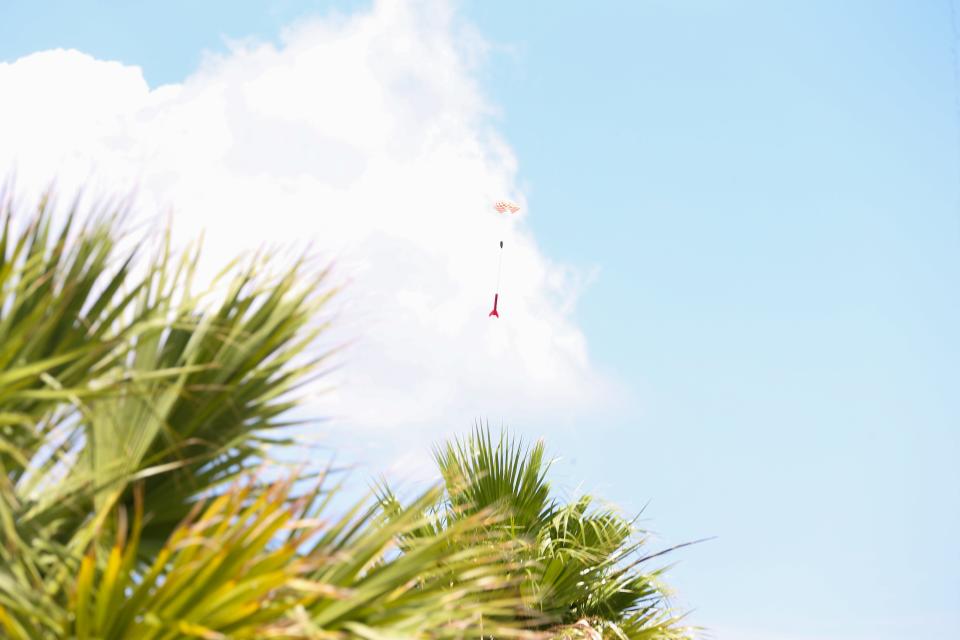 A homemade rocket falls from the sky at Del Mar College's Windward Campus Saturday, June 4, 2022.