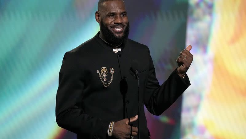 Los Angeles Lakers star LeBron James accepts the award for best record-breaking performance at the ESPY awards on Wednesday, July 12, 2023, at the Dolby Theatre in Los Angeles.