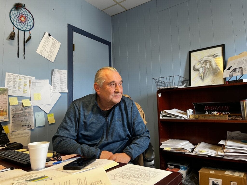 Wayne Boyd, chief of staff to the president of the Rosebud Sioux Tribe, reflects on recent winter storms while helping with the storm response from his office on Dec. 27, 2022.