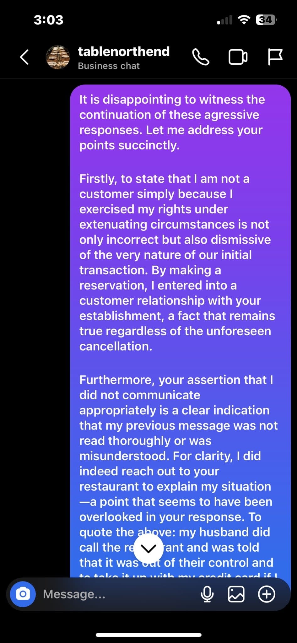 in a message trevor reiterates the fact that he did call the restaurant to explain his situation