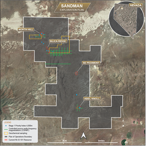 Sandman map showing planned drill holes, CSAMT survey, geochemical lag sample locations and existing deposit locations.  Drill holes are located below existing resources and some holes are targeting new deposit discoveries.