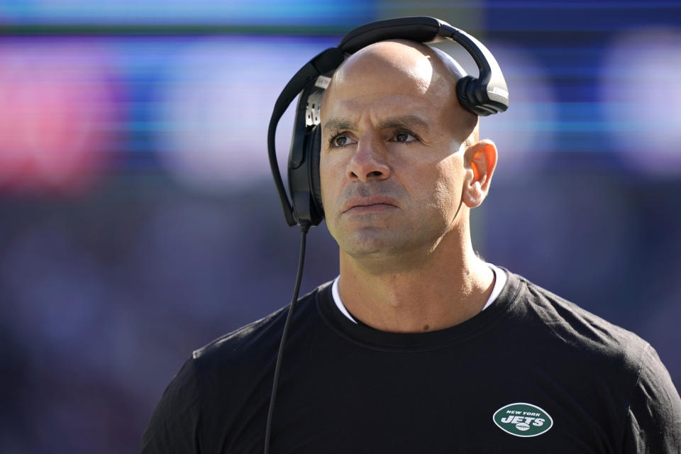 New York Jets head coach Robert Saleh walks down the sideline during the first half of an NFL football game against the New England Patriots, Sunday, Oct. 24, 2021, in Foxborough, Mass. (AP Photo/Steven Senne)