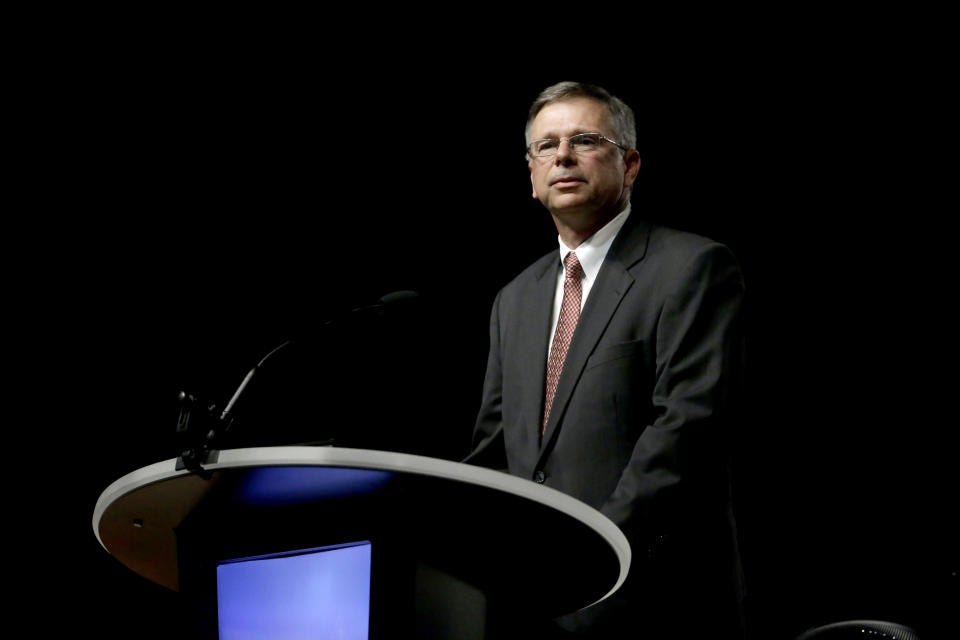 FILE - In this Tuesday, June 14, 2016 file photo, Pastor Marshall Blalock of First Baptist Church in Charleston, S.C., speaks during a meeting of the Southern Baptist Convention in St. Louis. Blalock serves on the recently formed Southern Baptist task force, set into motion in June 2021, charged with overseeing an investigation into how a top denominational committee handled sexual abuse. (AP Photo/Jeff Roberson, File)