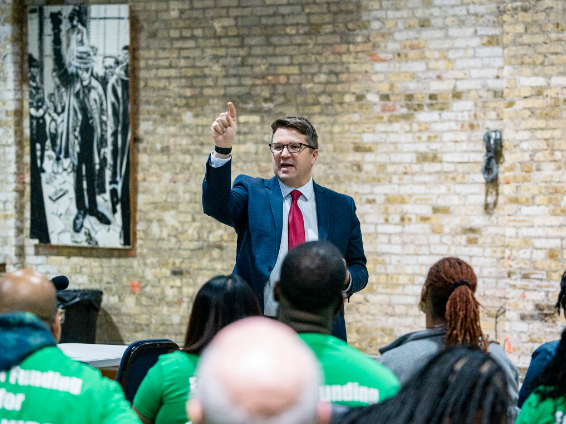 State Rep. Evan Goyke speaks at a budget public hearing at the Wisconsin Black History Society and Museum on April 29, 2023.