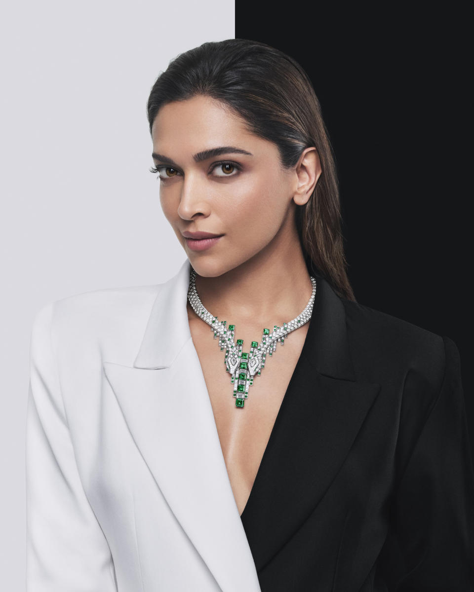 Deepika Padukone wearing Cartier's Amphista high jewelry necklace.