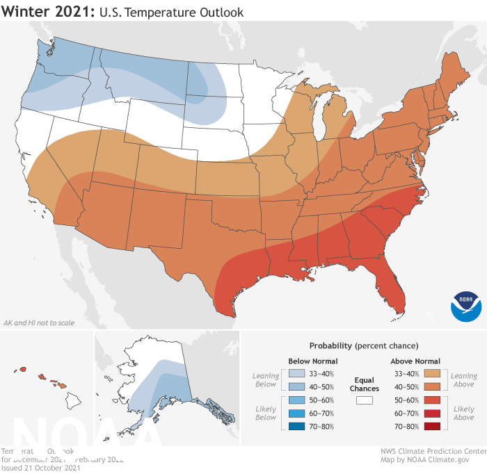 This U.S. Winter Outlook 2021-2022 map for temperature shows warmer-than-average conditions across the South and most of the eastern U.S., while below average temperatures are favored for southeast Alaska and the Pacific Northwest eastward to the Northern Plains.