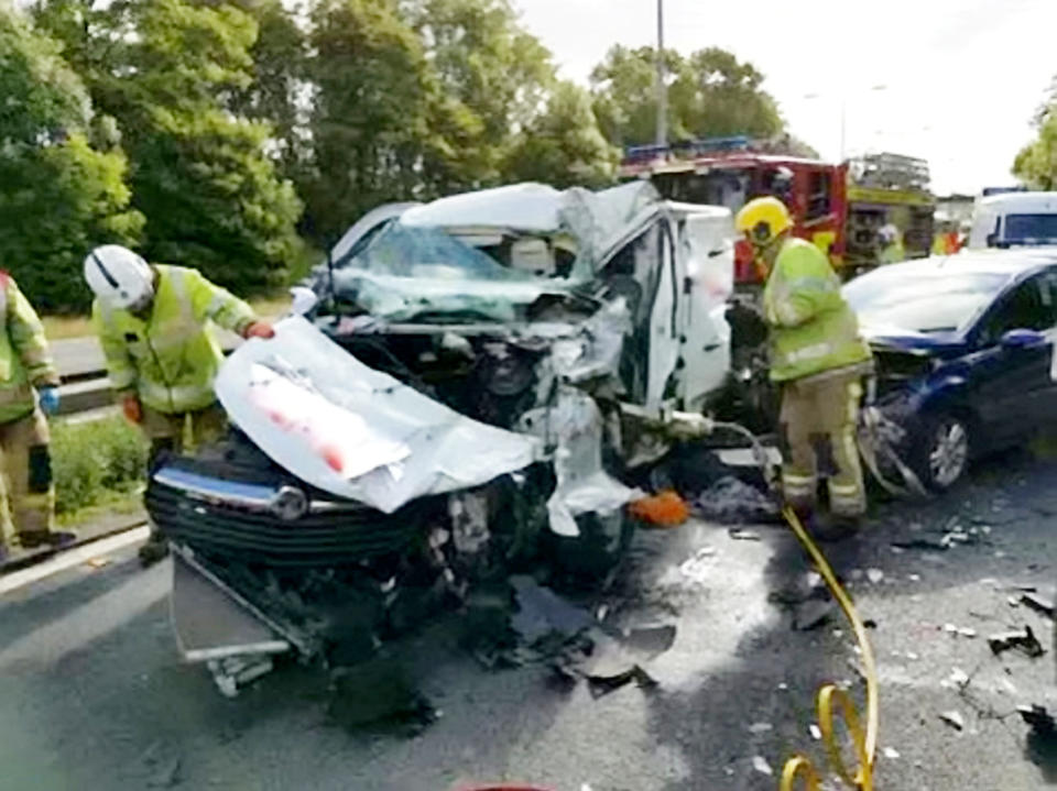 <em>Firefighters spent nearly an hour cutting the Staffie free from the crushed van (Picture: SWNS)</em>