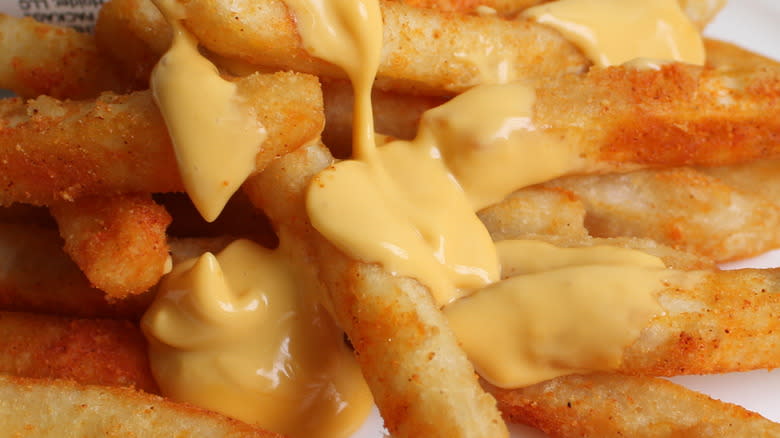 nacho fry dipped in cheese sauce close up