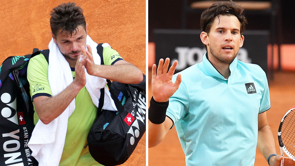 Tennis star Stan Wawrinka (pictured left) thanking the crowd and (pictured right) Dominic Thiem apologising to his opponent.