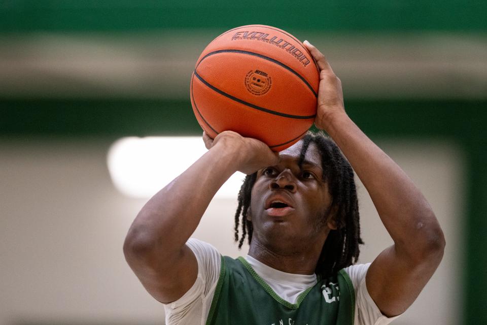 Lawrence North High School's Azavier Robinson (23) shoots during Charlie Hughes Shootout basketball action, Saturday, June 24, 2023, at Westfield High School.