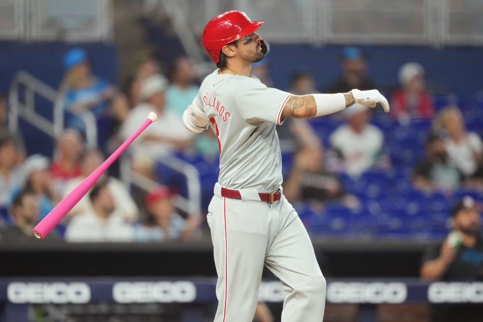 Philadelphia Phillies right fielder Nick Castellanos (8) hits a three-run home run in the first inning against the Miami Marlins Sunday, May 12, 2024, at loanDepot Park in Miami