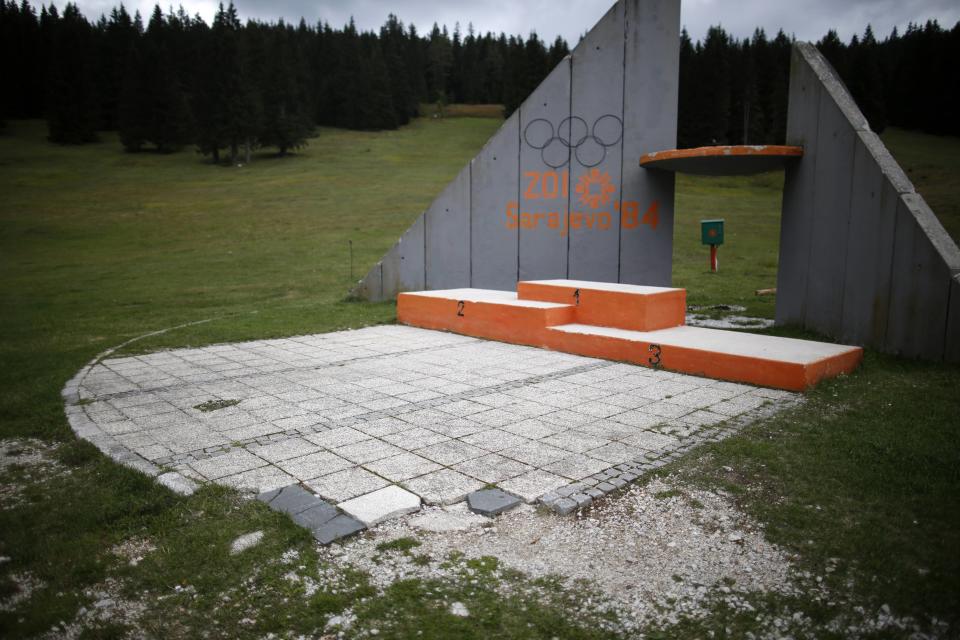A view of the derelict medals podium at the disused ski jump from the Sarajevo 1984 Winter Olympics on Mount Igman, near Sarajevo