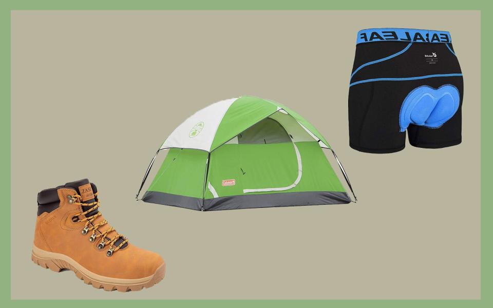 tent, hiking shoes