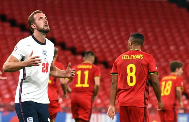 Harry Kane rues a missed header during England's Nations League win over Belgium