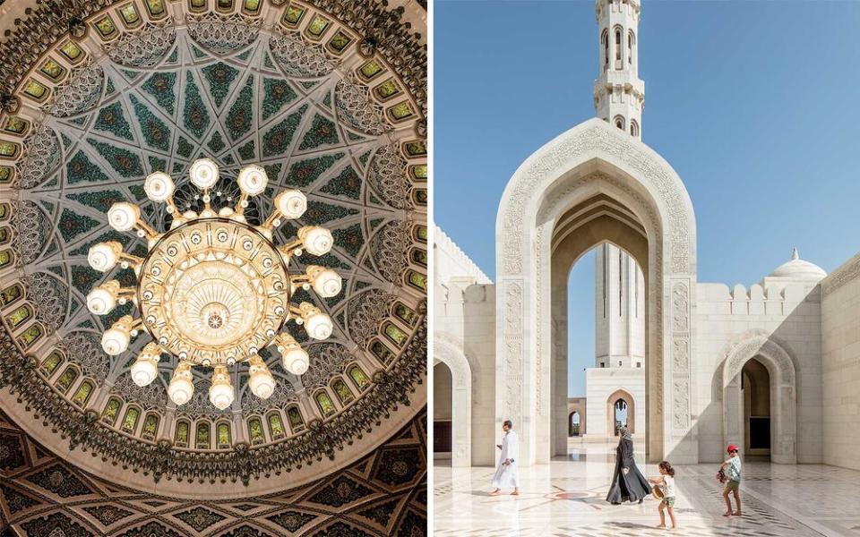 From left: The tiled dome of Sultan Qaboos Grand Mosque, in Muscat; visitors walking through the mosque's courtyard. | Stefan Ruiz