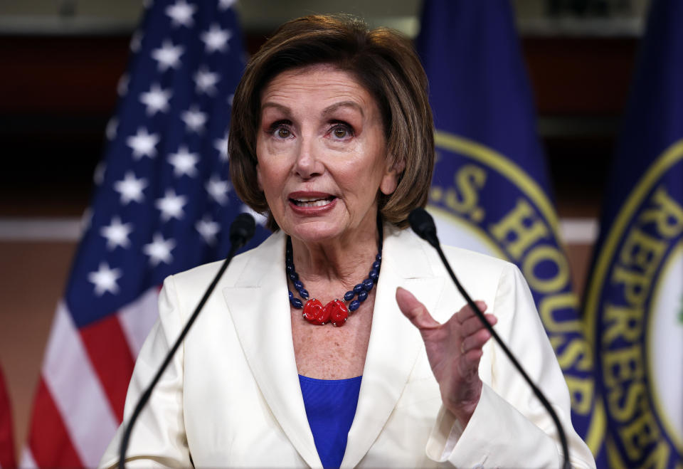 WASHINGTON, DC - MAY 20: Speaker of the House Nancy Pelosi (D-CA) holds her weekly press conference at the U.S. Capitol on May 20, 2021 in Washington, DC. Pelosi spoke on the January 6th Commission and the police reform bill. (Photo by Kevin Dietsch/Getty Images)